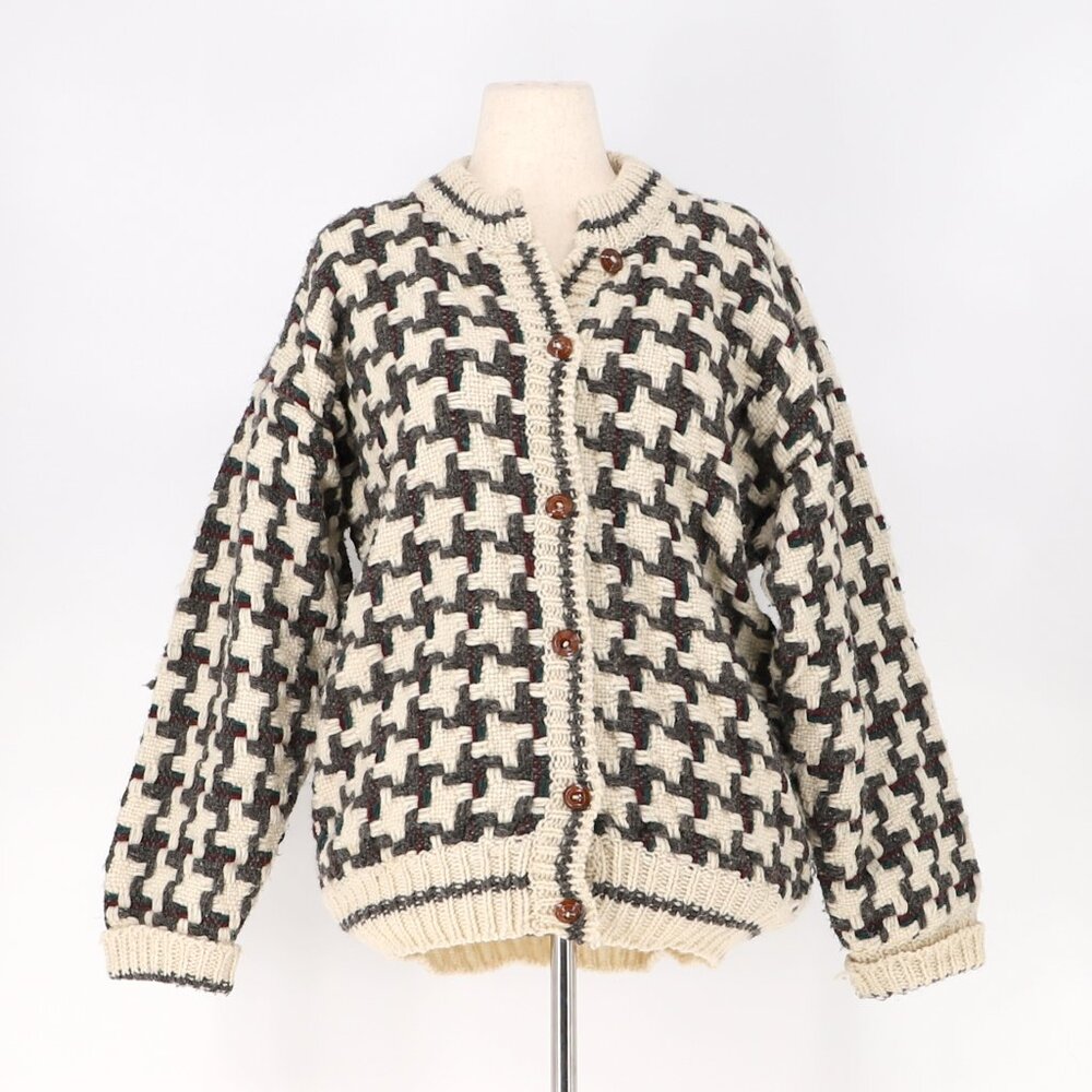 VINTAGE Women's Thick Knit Basketweave Button Front Cardigan Sweater Cream Brown - Picture 1 of 7